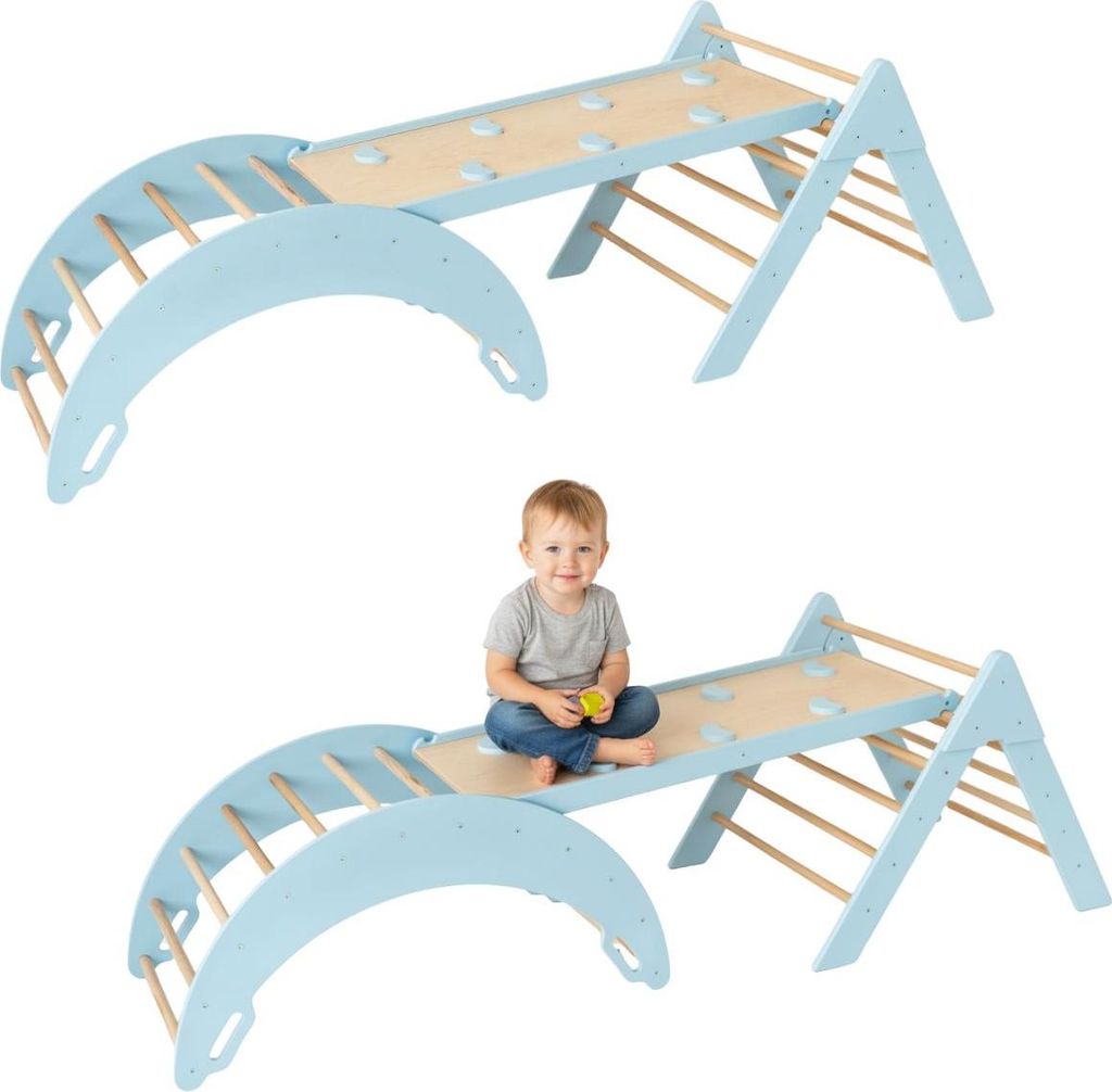 Kletterbogen Holz Schaukel + Rutschen Zweiseitige + Kletter Dreieck für Kinder | Spielplatz | Montessori Spielzeug | Rockerboard