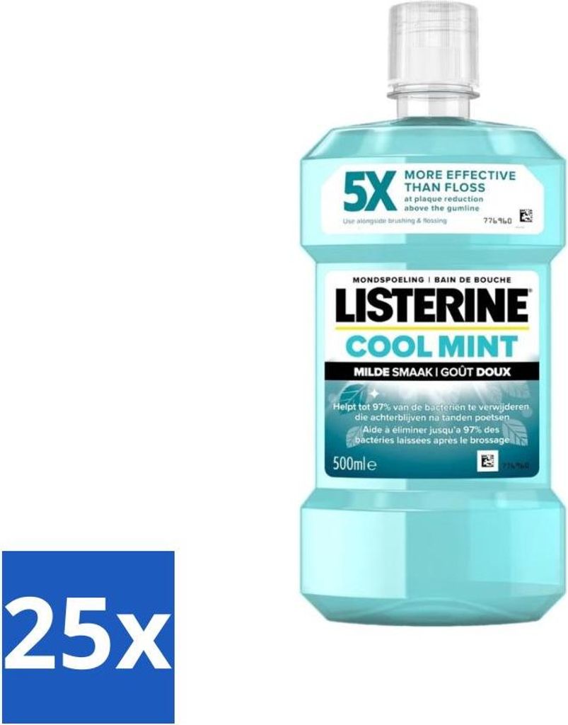 Listerine Mundwasser – Cool Mint – Milder Geschmack – 500 ml - Vorteilspack - 25 Stücke