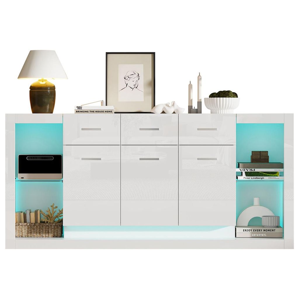 Sideboard mit LED-Lichtleiste und 3 Schubladen Aufbewahrungsschrank Wohnzimmerschrank 160*40*75cm Weiß
