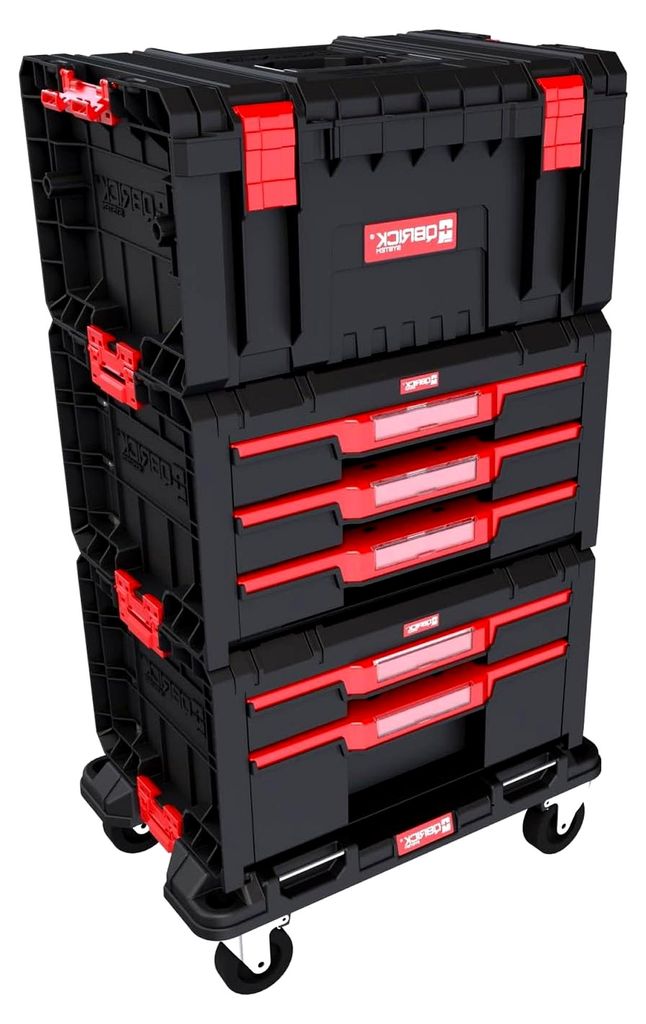 QBRICK - Werkzeugtrolley mit Werkzeugkasten und Schubladen - 3er-Set - Werkstattwagen mit Rollen, Werkzeugbox mit Organizer, stapelbar
