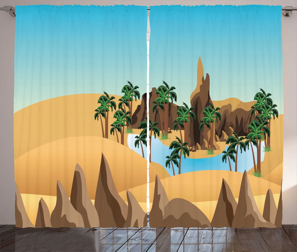 Rideau à Fronces Imprimé Désert Sable et Bleu 280 x 225 cm pour Chambre
