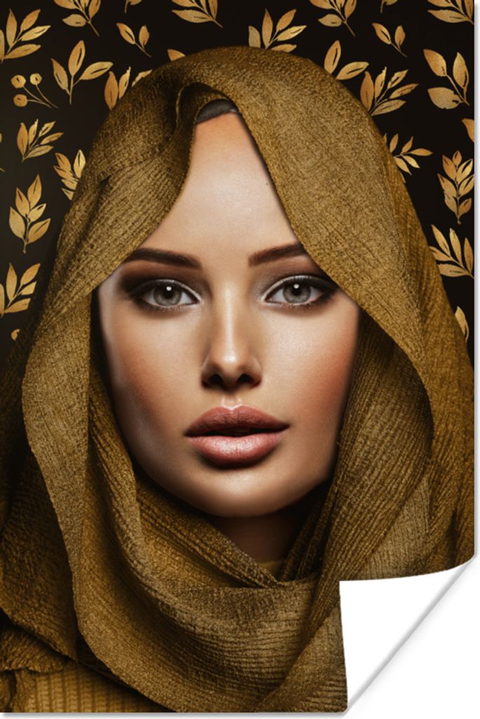 MuchoWow Poster Frau - Laub - Kopftuch 60x90 cm - Wanddekoration
