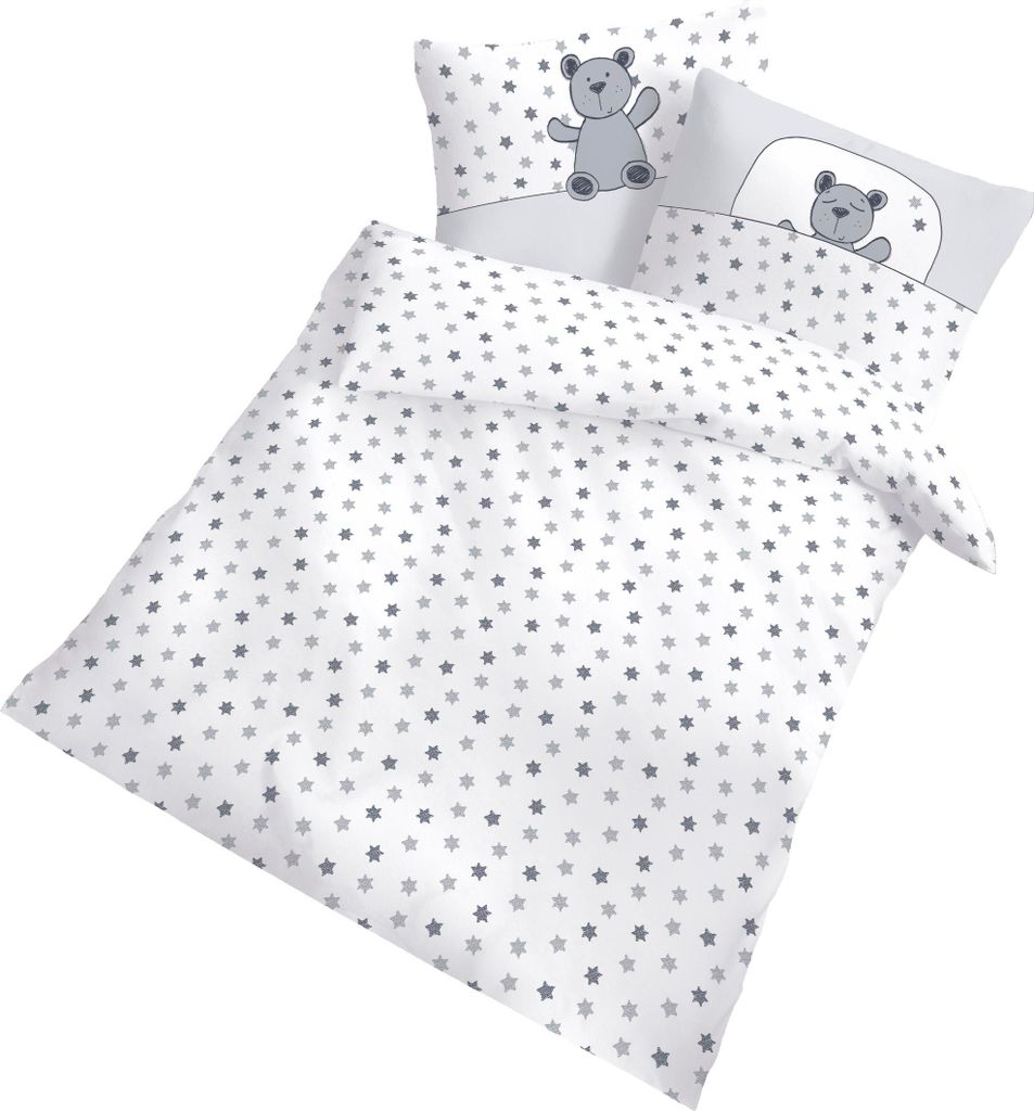 Dobnig Renforcé Kinderbettwäsche 2tlg. 100x135 cm Bärchen grau Sterne