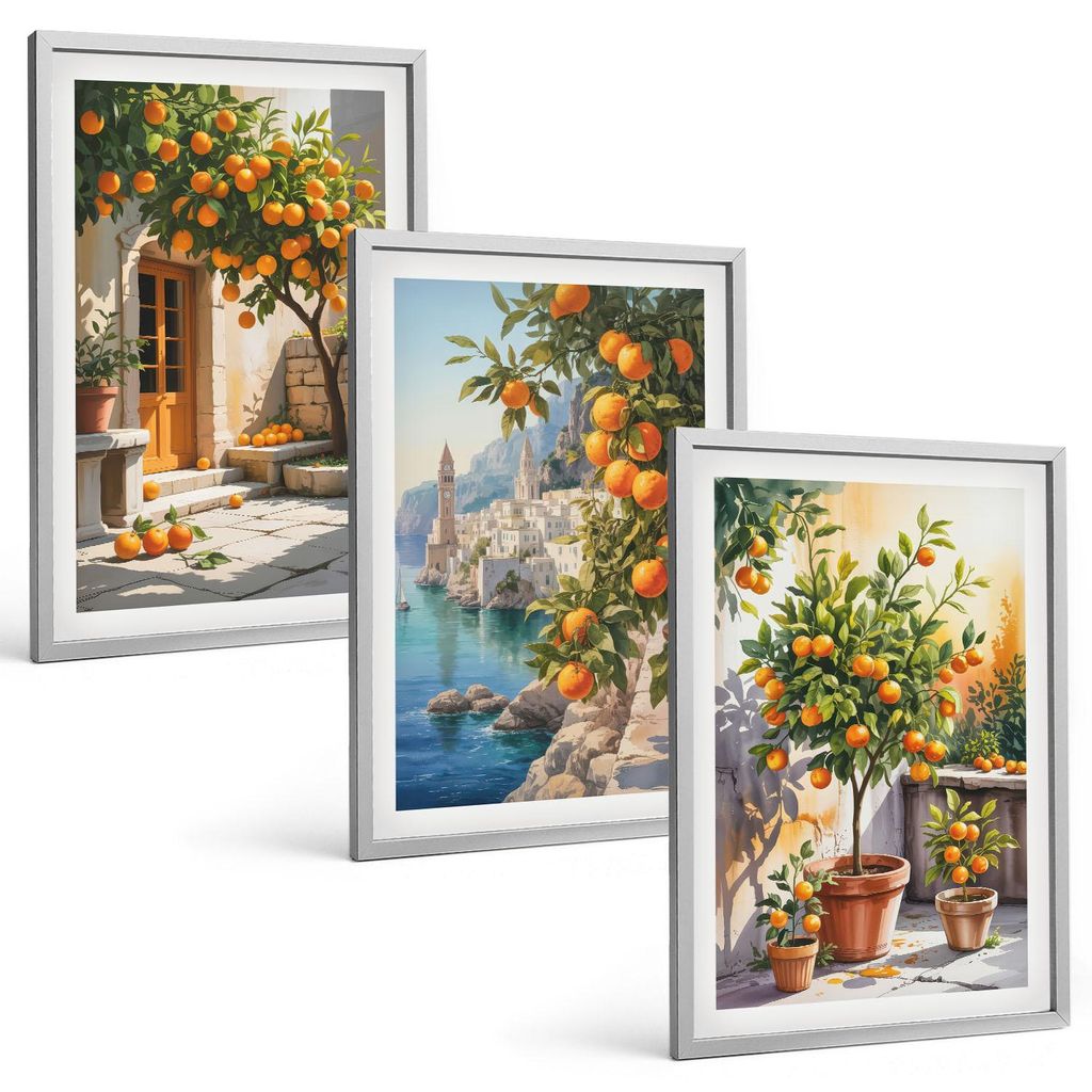 Bilder Set 3-teilig im silbergerahmten Rahmen – Wandbilder 3 Stück – gerahmte Poster für Wohnzimmer, Schlafzimmer und Flur – 40x60 cm – G...