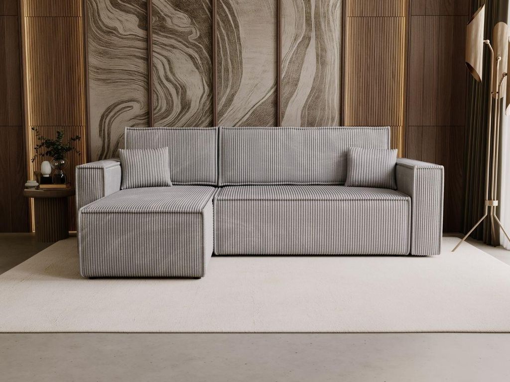GrainGold Ecksofa L-Form Prato L - Ecksofa mit Schlaffunktion und Bettkasten - Moderne Ecksofa, Wohnzimmer Ecksofa - Eckcouch Grau (Poso 55)