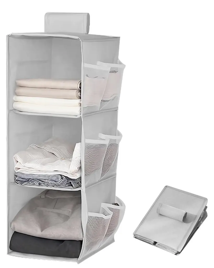Étagère suspendue en tissu gris pour penderie et rangement de chambre