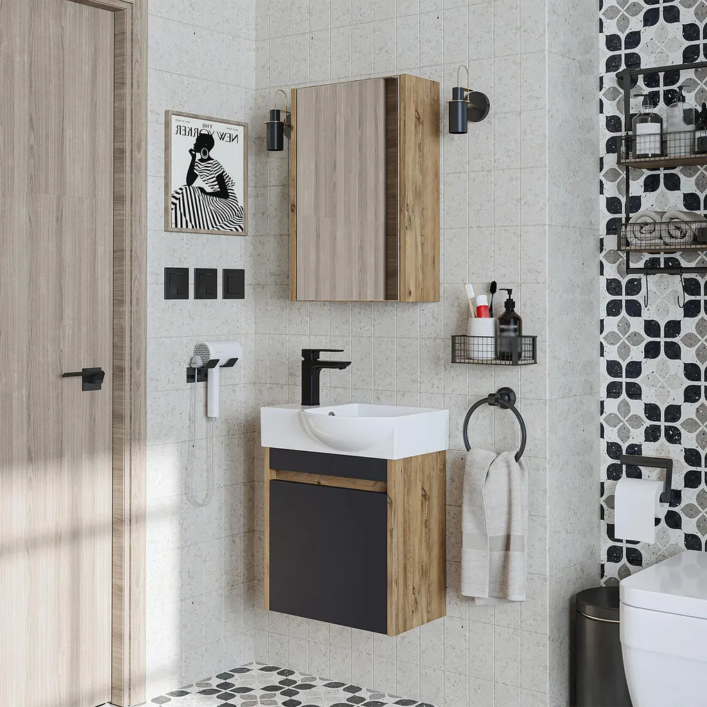 Petit meuble de salle de bains suspendu avec lave-mains et miroir anthracite