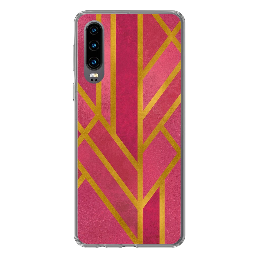 MuchoWow Handyhülle Schutzhülle Hülle für Huawei P30 Gold - Rosa - Geometrisch Silikon Softcase Handy Hülle - Kartenbesitzer