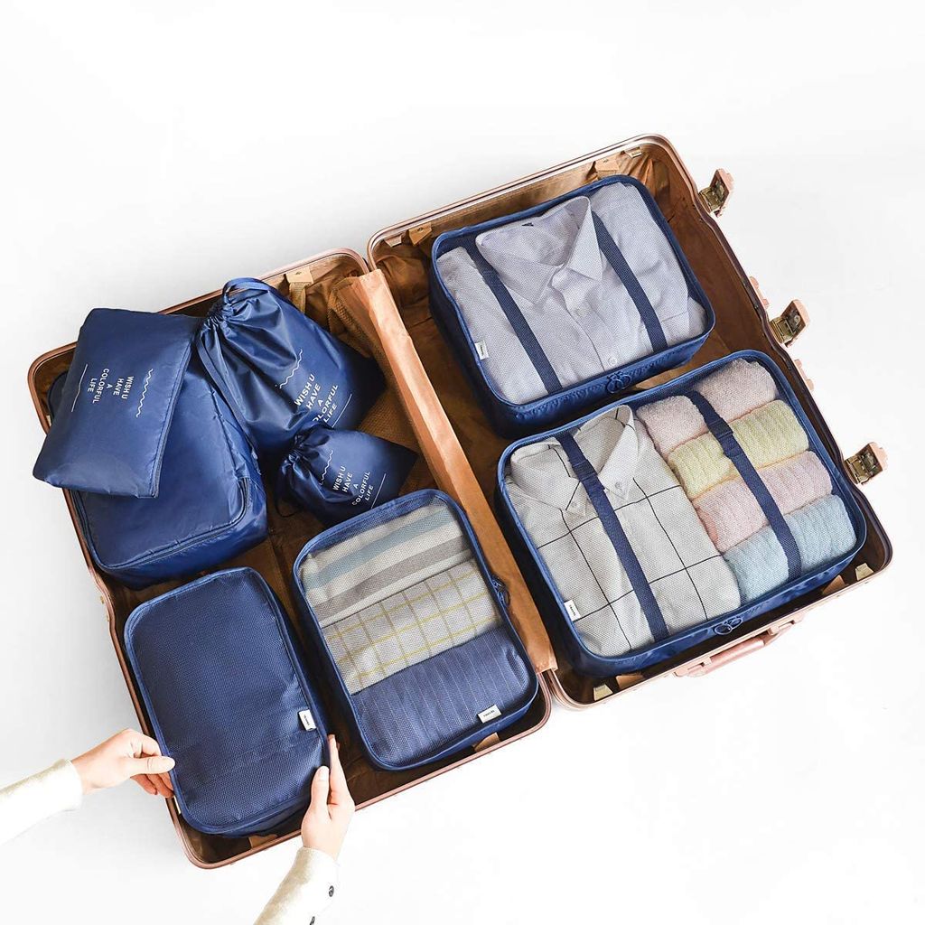 Belsmi Reise Kleidertaschen Set 8-teilig Reisetasche in Koffer Reisegepäck Organizer Kompression Taschen Kofferorganizer Mit Schuhbeutel Style B - Blue 
