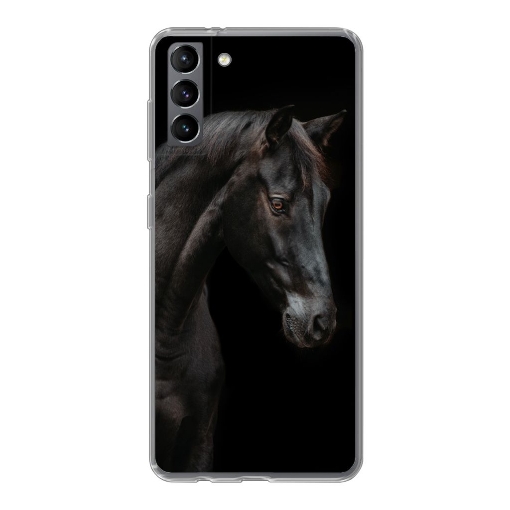 MuchoWow Handyhülle Schutzhülle Hülle für Samsung Galaxy S21 Plus Pferd - Tiere - Schwarz - Porträt Silikon Softcase Handy Hülle - Handy-Ta...
