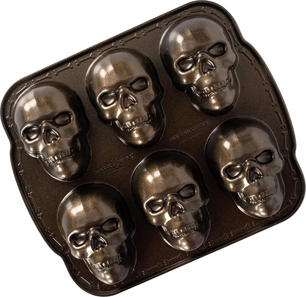 Nordic Haunted Skull Cakelet Pan, Metallic, 5 Tassen Fassungsvermögen 29,85 x 25,4 x 5,08 cm