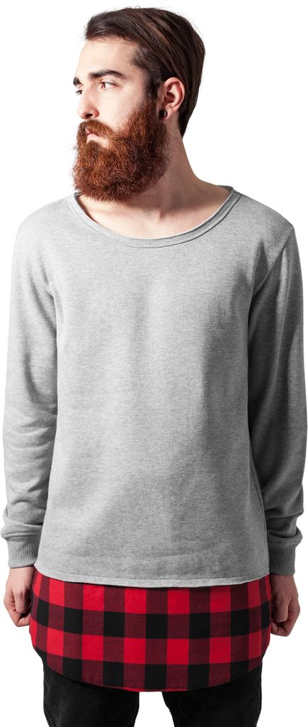 Urban Classics Pullover Long Flanell Bottom Open Edge Crewneck Grey/Black/Red-L