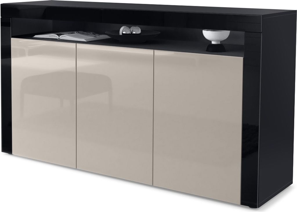 Vladon Sideboard Valencia, Germany, Kommode mit 3 Türen und 1 offenem Fach, Schwarz matt/Sandgrau Hochglanz/Schwarz Hochglanz (155 x 92 x 40 cm)