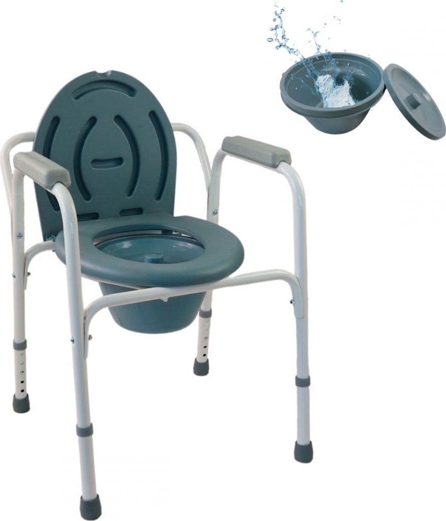 A medical commode chair with a removable bucket and lid, shown against a white background.