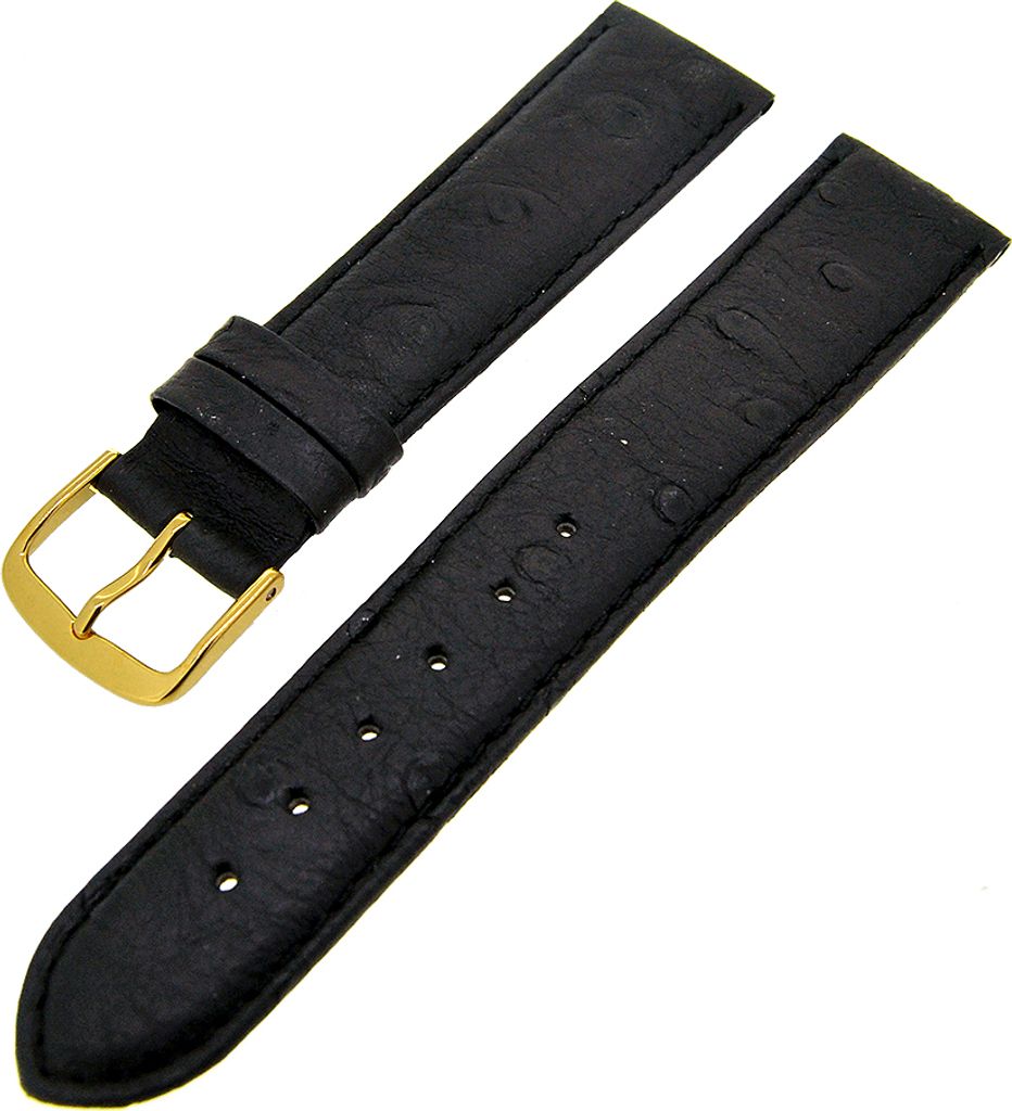 Uhrenarmband Straußenleder Schwarz Ton in Ton 18mm Matt S Struktur Gold NEU