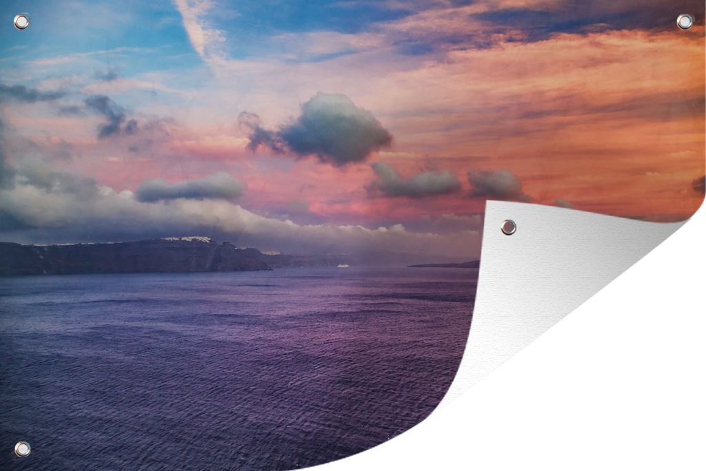 MuchoWow 90x60 cm Outdoor-Poster Gartendeko Sichtschutz Garten Poster für den Garten Santorini Griechenland bei Sonnenuntergang