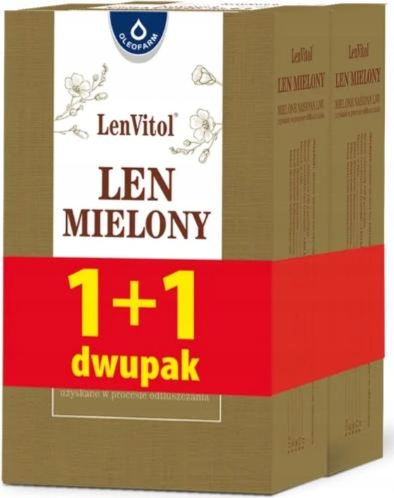 A product packaging for ground flaxseed, showing a 1+1 bundle offer.