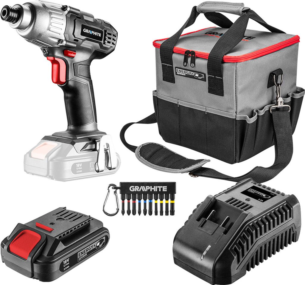 GRAPHITE Energy kit +: 18V Akkuschrauber, Li-Ion, 0-2200 U/min, rechts/links, 180 Nm Drehmoment, 6,35mm (1/4") Werkzeugaufnahme, Spindelbremse, (Lx...