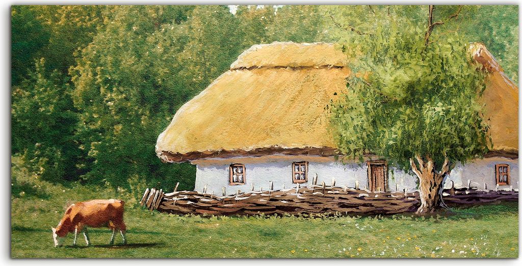 Coloray Spritzschutz aus Glas 100x50 Wandkunst Küchenrückwand Foto Kunstdruck Hütte Kuh Gras Baum Wald