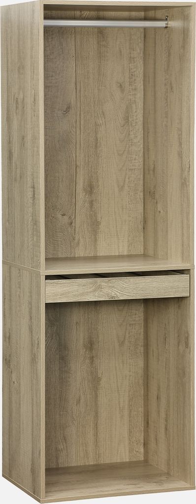 A modular wardrobe set with a hanging rail and a drawer, made of wood-effect material.