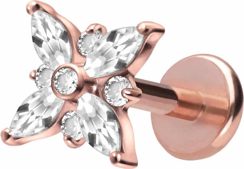 Ohrpiercing, Nasenpiercing Titan Labret mit Push Fit KRISTALLSTERN RoséGold Stablänge: 7mm | Stabstärke: 1mm