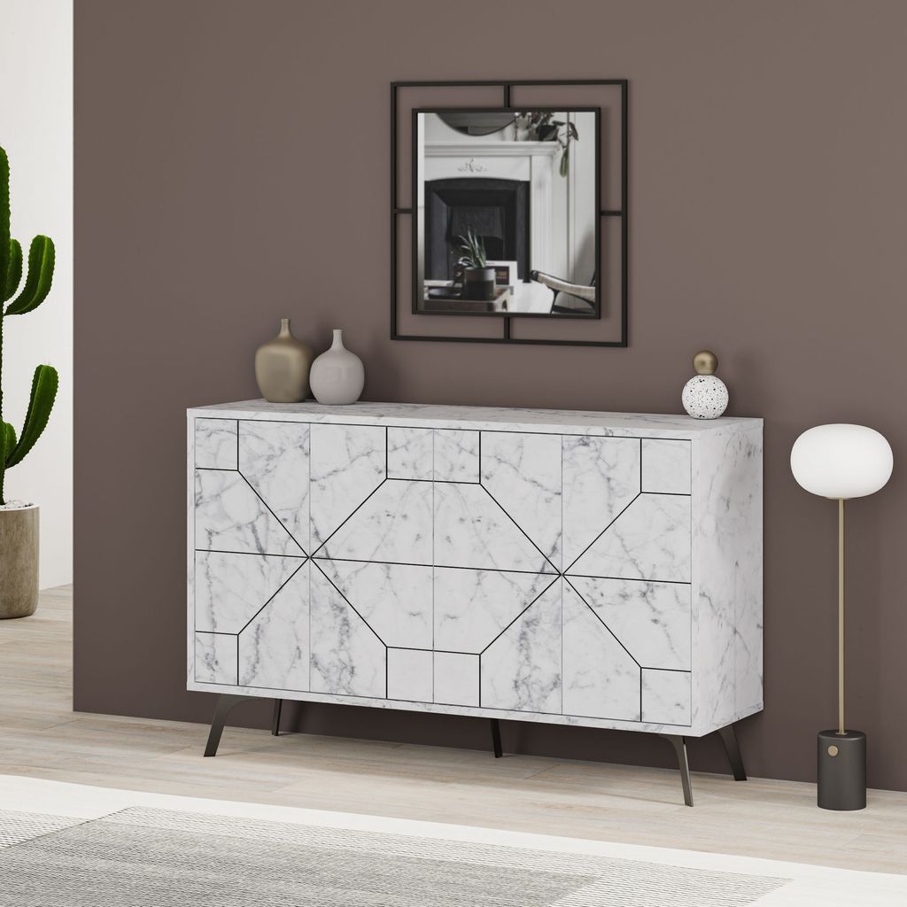 A modern living room scene featuring a white marble-patterned sideboard with geometric black lines, a decorative mirror, vases, and a floor lamp.