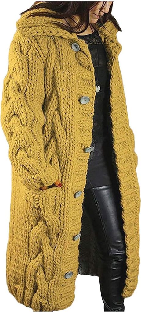 ASKSA Damen Strickjacke Grobstrick Casual Sweater Cardigan mit Knoepfen Oversize Strickcardigan, Gelb, XL