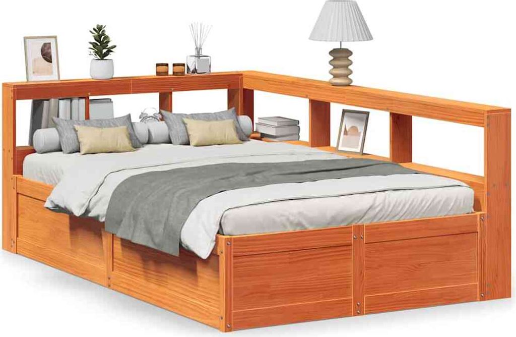 vidaXL Massivholzbett mit Regal ohne Matratze Wachsbraun 120x190 cm
