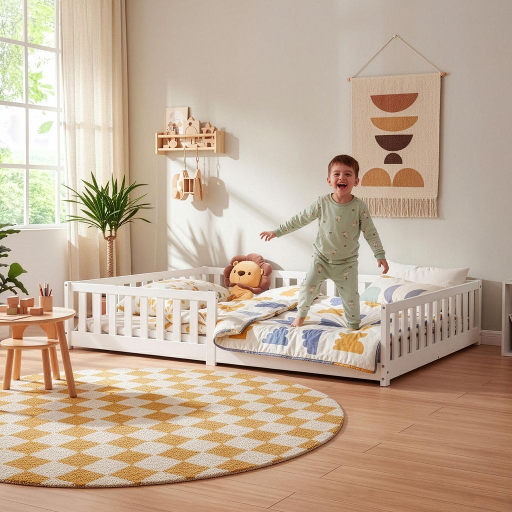 Kinderbett ’Tanna‘ Bodenbett 120 x 200 cm Montessori Bett mit Rausfallschutz Kiefernholz Weiß