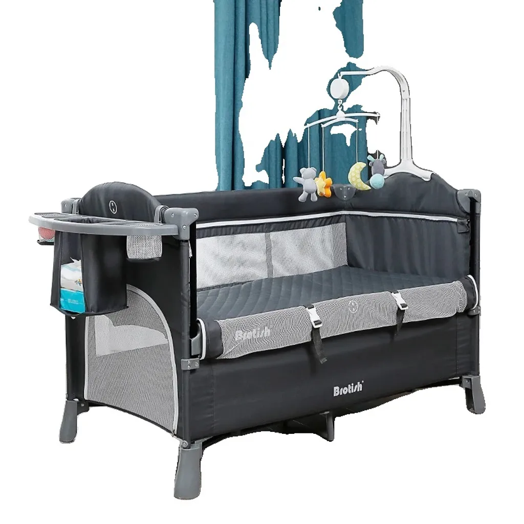 Lit bébé transportable et pliant pour voyage avec roulettes de sécurité gris