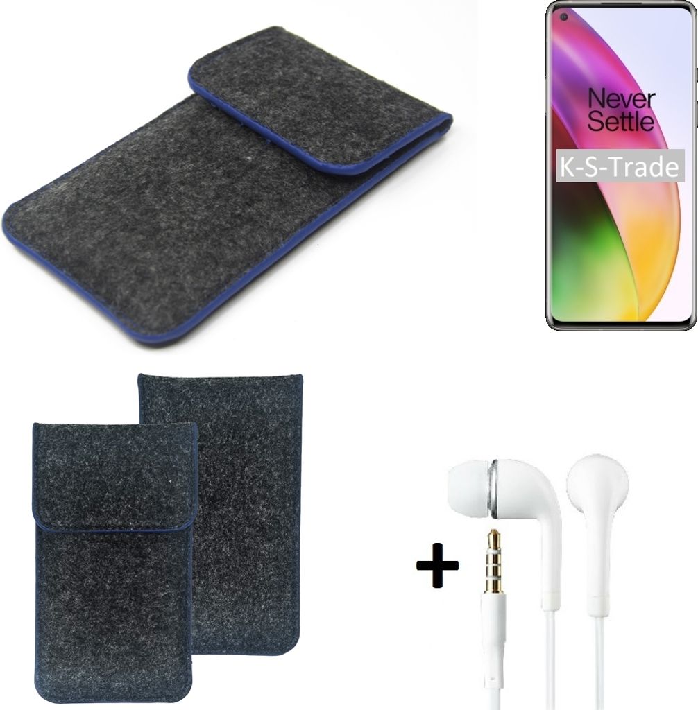 K-S-Trade Handy Schutz Hülle kompatibel mit OnePlus 8 Schutzhülle Handyhülle Filztasche Pouch Tasche Case Sleeve Filzhülle dunkelgrau, blauer Rand