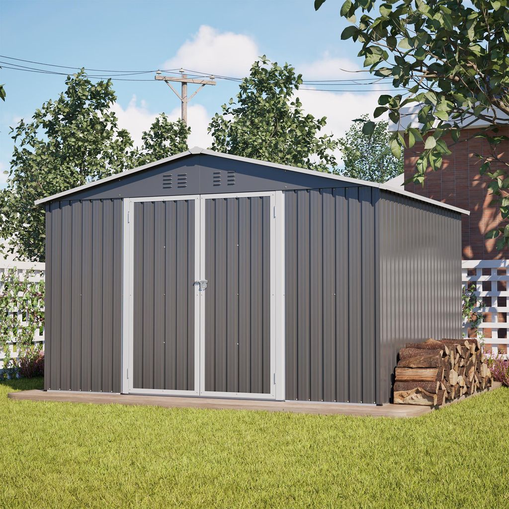 Robuster Geräteschuppen aus Metall – XXXL Gartenhaus mit Satteldach (300x252x191cm), sicheres Lager für Gartengeräte & Werkzeug, wetterfest, Grau