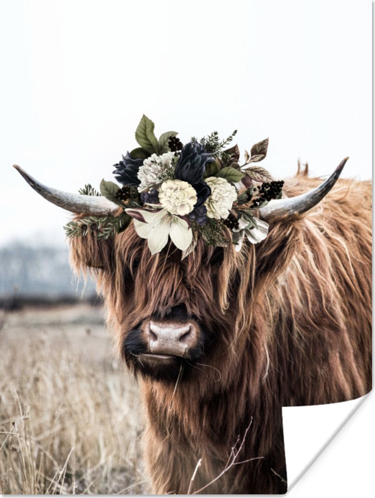 MuchoWow Poster Schottische Highlander - Blumen - Hoorn 60x80 cm - Schlafzimmer Dekoration