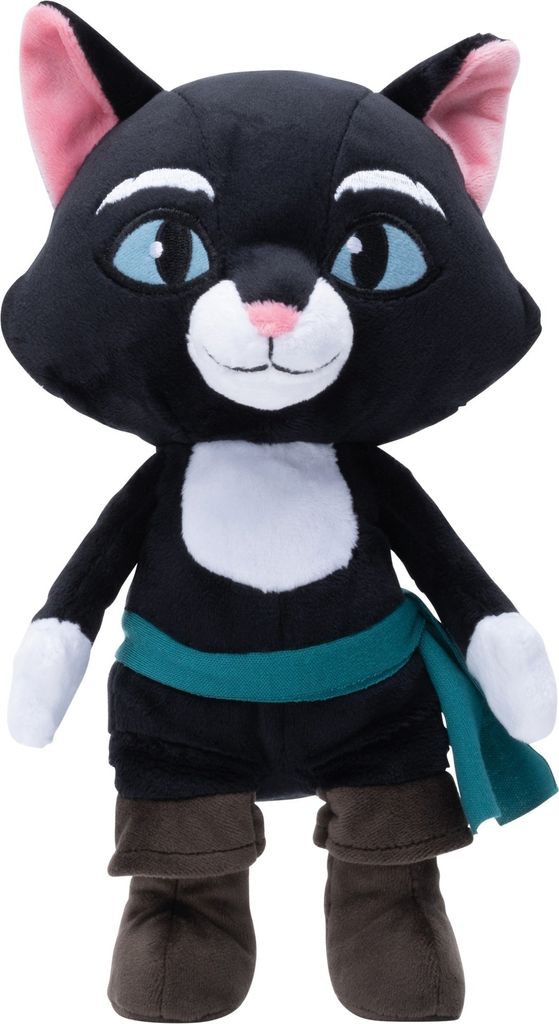 A plush toy of a black cat character, dressed in a pirate-like outfit.