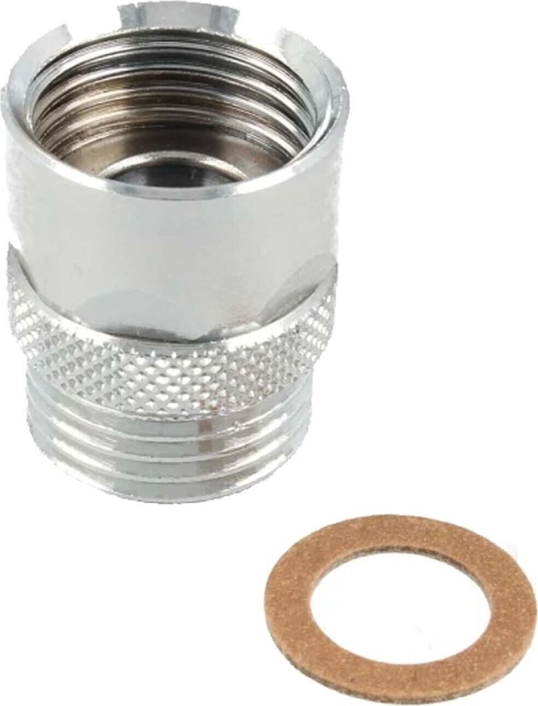 A close-up studio shot of a metal plumbing adapter and a washer.