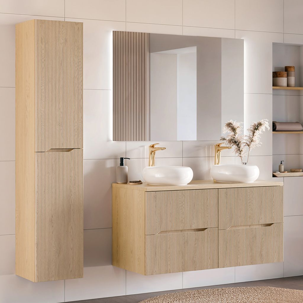 Badmöbel-Set 3-teilig mit Doppelwaschtisch 120 cm und LED-Spiegel, in Eiche mit gerillter Front - NARPIO-56