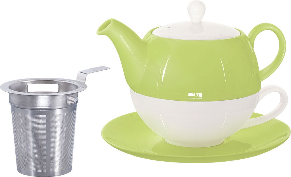 Buchensee Tea for one Set / Teeset Lena, Teekanne 500ml mit Sieb, Teetasse und Untertasse, grün, Crystal Bone China Porzellan