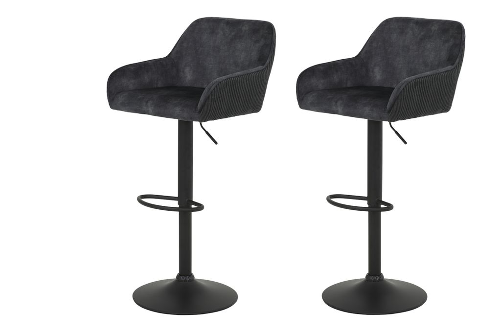 Hela Tische, 2er Set Barhocker Bistrohocker Dollie - Bezug Velvet/Cord Anthrazit - Armlehnen - höhenverstellbar, drehbar - Trompetengestell Schwarz