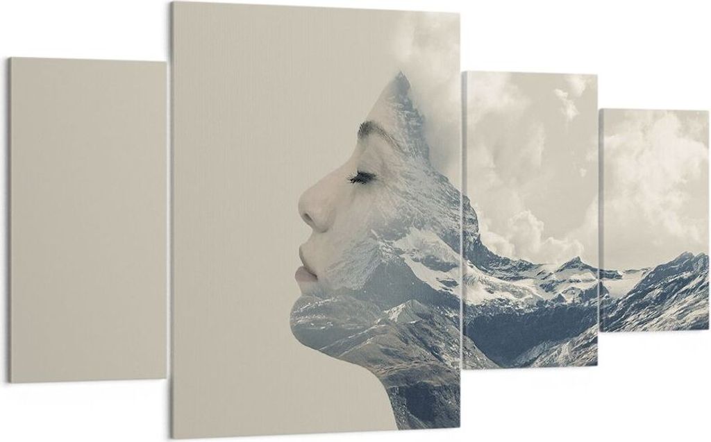Bild auf Leinwand - Leinwandbild - 4 Teile - Grafik Frau Berge - 160x90cm - Wand Bild - Wanddeko - Wandbilder - Leinwanddruck - Bilder - Wanddekora...