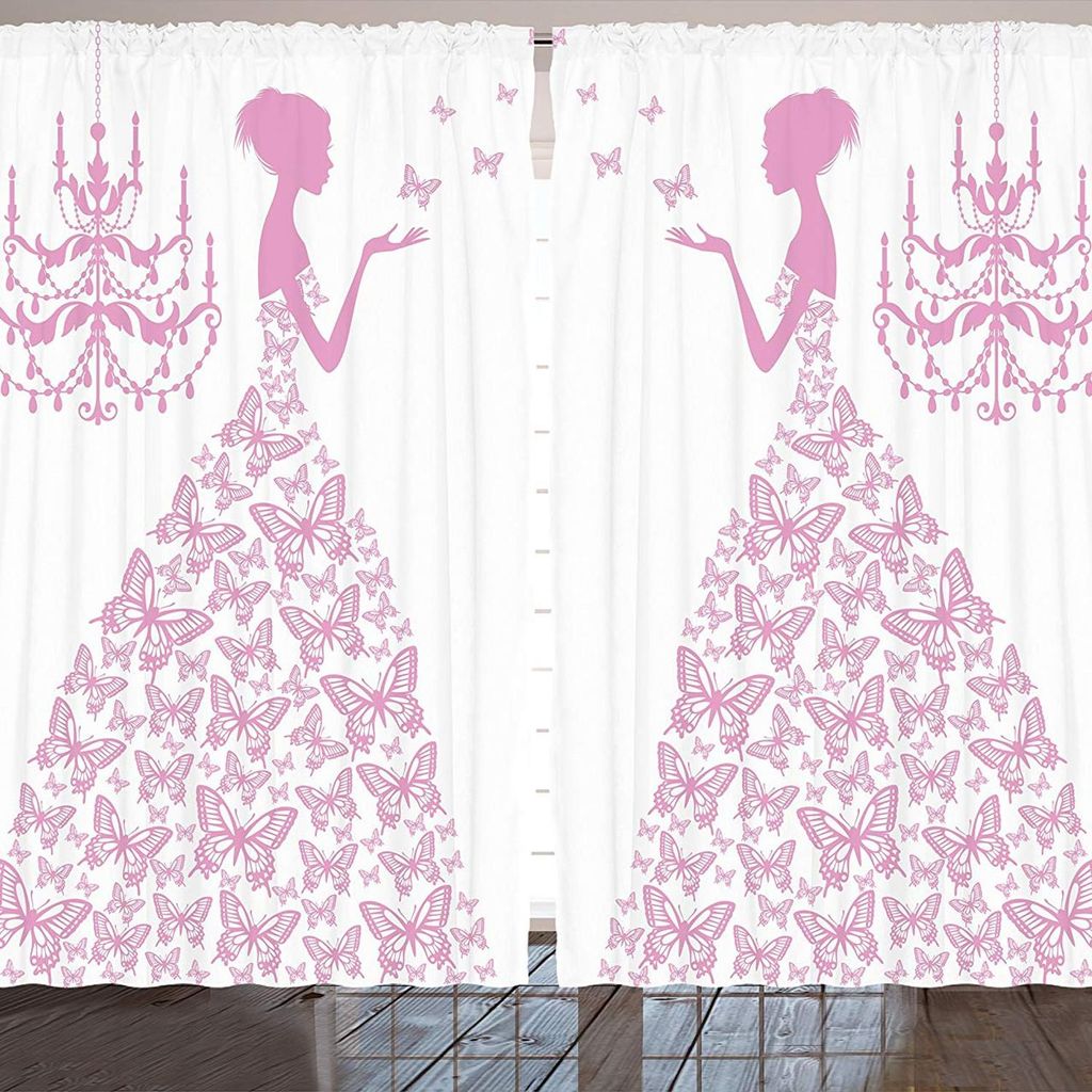 ARANDE Liebe Gardine, Prinzessin mit Schmetterlingen Kleid Märchen Mädchen Pinkish Romantik Design Illustration, 280 x 175 cm, Pink und Weiß