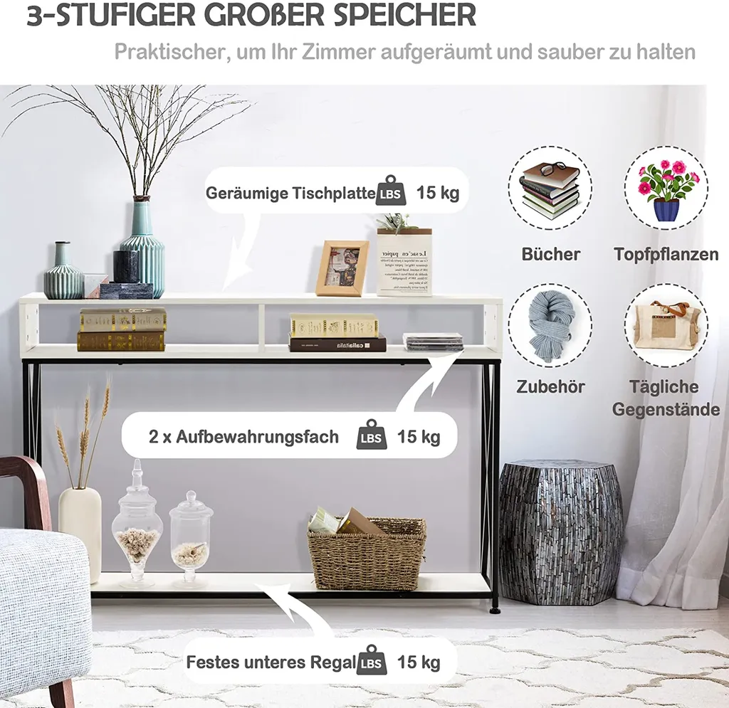 Table console 120cm robuste en acier avec rangement ouvert blanc mat - 3