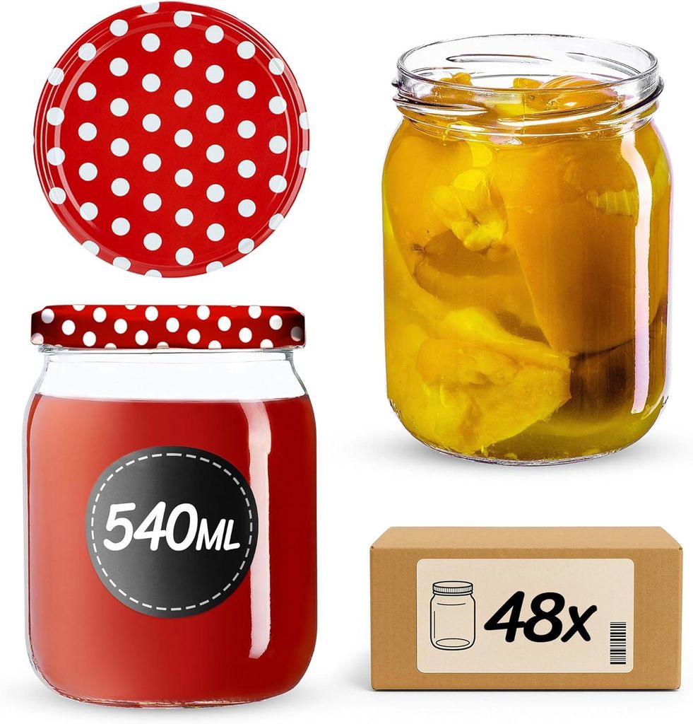 KADAX Einmachgläser mit Deckel "Senna", Marmeladengläser, Einweckgläser, 540 ml, Rot gepunktet, 48 Stück