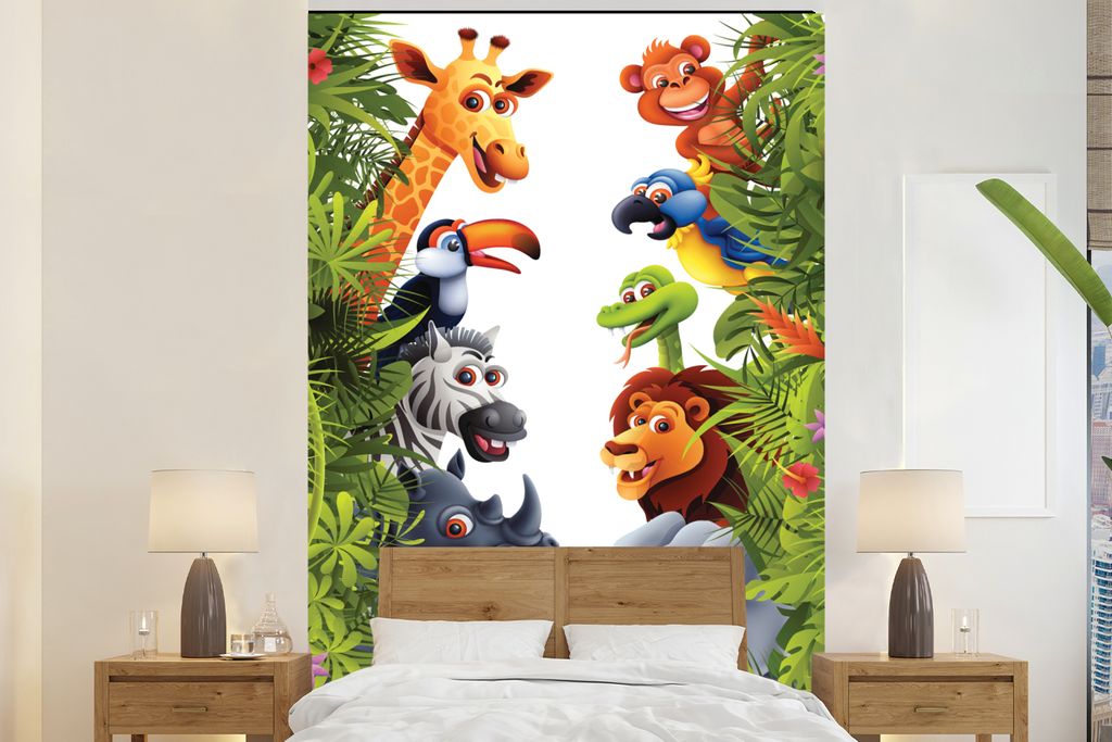 MuchoWow Fototapete für Wohnzimmer oder Schlafzimmer Wandtapete Vinyl Motivtapete Dschungel - Tiere - Jungen - Mädchen - Giraffe - Elefant - Ki...