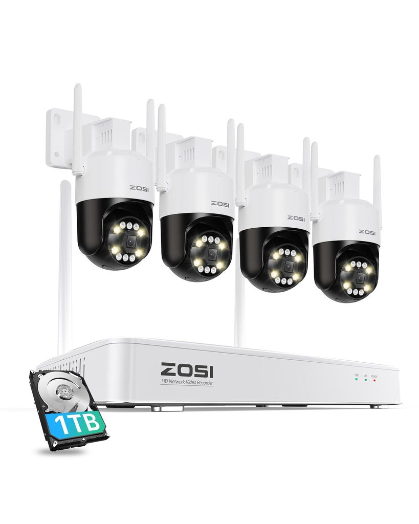 ZOSI 4K WiFi 6 Überwachungskamera Aussen Set, 8MP NVR mit 1TB HDD, 4X 360° WLAN Kamera mit Personen- und Fahrzeugerkennung, Farb-Nachtsicht, C296B