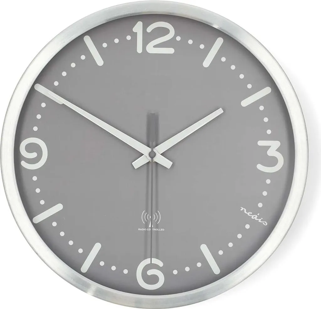 Horloge murale silencieuse radiocommandée 300 mm en aluminium gris