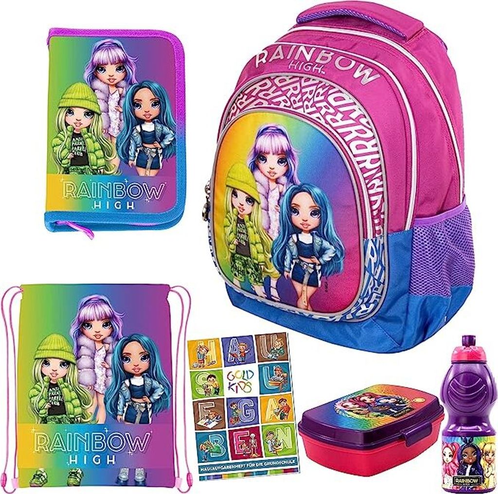 6er Set Schulrucksack Rucksack Federmappe Turnbeutel Brotdose Trinkflasche Aufgabenheft Rainbow High Motiv ab der ersten Klasse der Grundschule