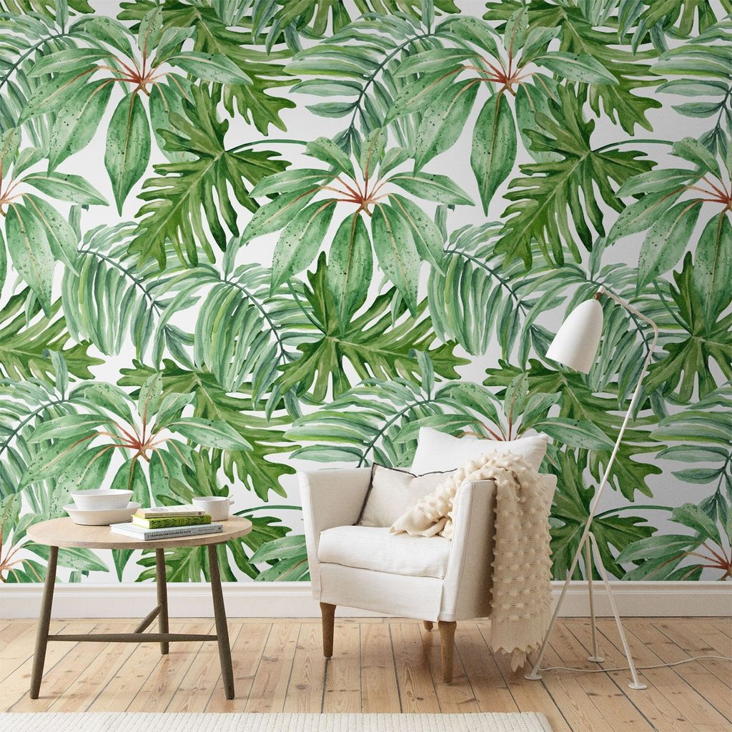 Coloray Fototapete 312x219 cm Vlies-Fototapete - Leichte Banane verlässt Monstera-Blatt