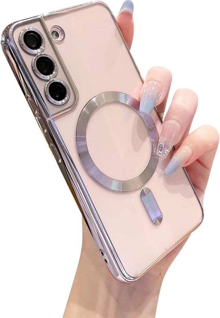 A hand holding a clear phone case with a magnetic ring on the back.