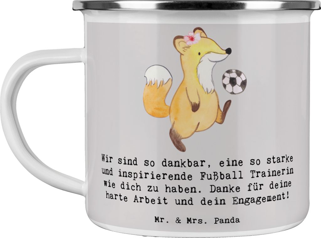 Mr. & Mrs. Panda Emaille Tasse Fußball Trainerin Dankbarkeit - Grau Pastell - Geschenk, starke, Motivation, Engagement, Sportart, Leidenschaft, Ha...