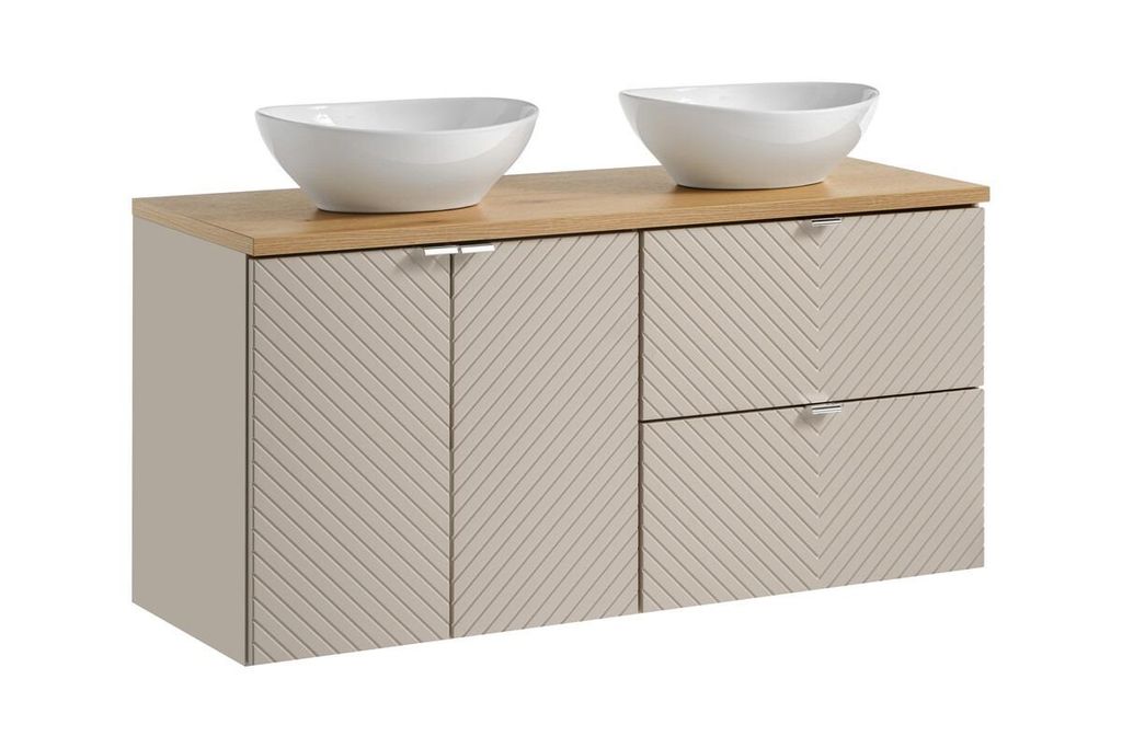 Badmöbel-Set 120 cm mit Arbeitsplatte, 2 Aufsatzwaschbecken & 2 unterschränke, Viva Cashmere V BM273 - Kaschmir Matt/ Evoke Eiche
